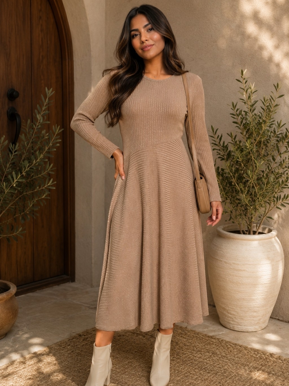 Soft Surroundings Ribbed Long Sleeve Midi Dress in Taupe | P-Medium